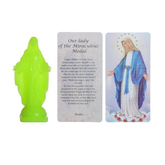 Glow in the Dark Virgin Mary Statue with Prayer Card – Catholic Mini Figurine