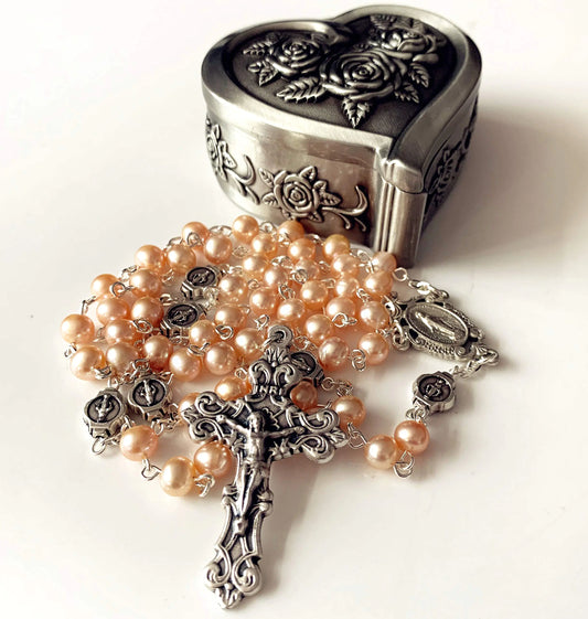 Handcrafted AAA Pearl Catholic Rosary Necklace - Pink
